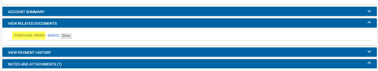 Screenshot showing View Related Documents tab. Purchase is highlighted