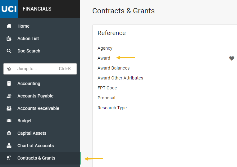 Screenshot showing the location of the Award link in KFS