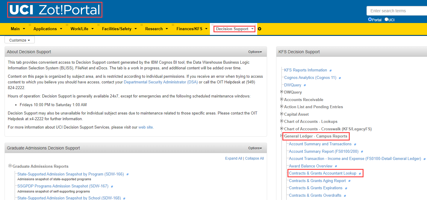 Screenshot highlighting the location of the C&G Accountant Lookup link in ZotPortal