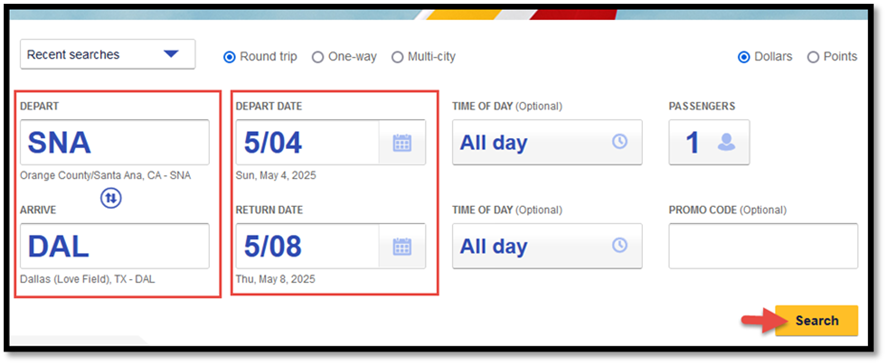 southwest airports and dates selection