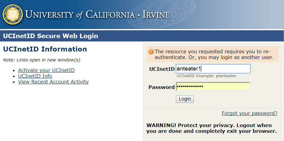 ZotPortal password login
