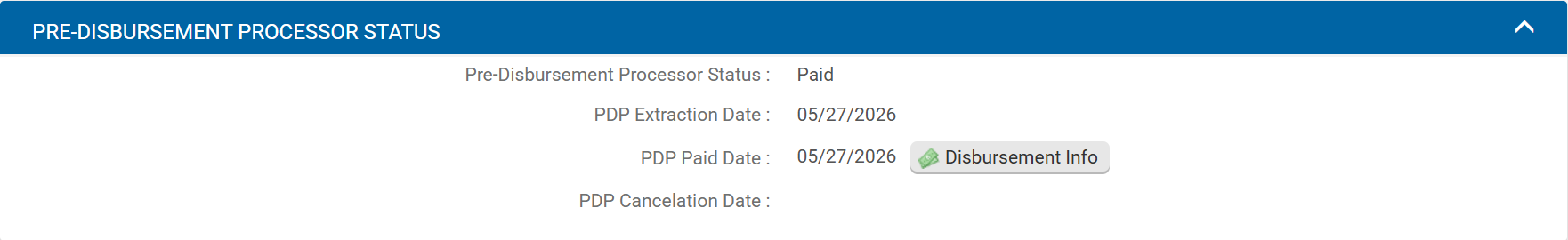 The Pre-Disbursement Processor Status tab of a Disbursement Voucher displaying pre-extraction payment status before the document has been finalized