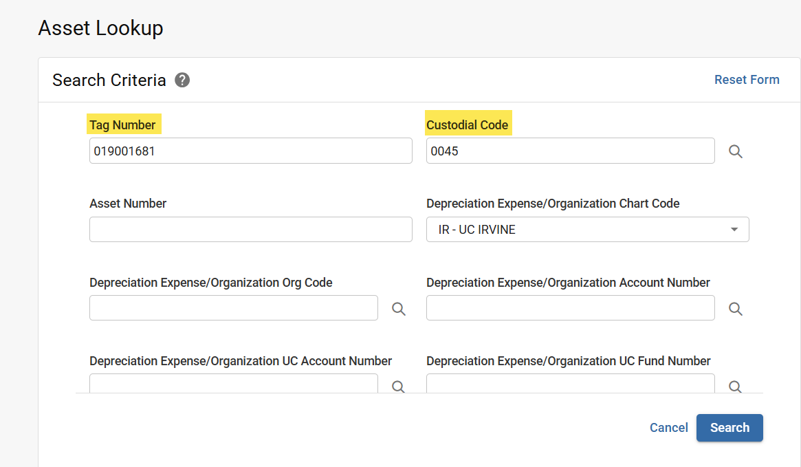 asset lookup search criteria 
