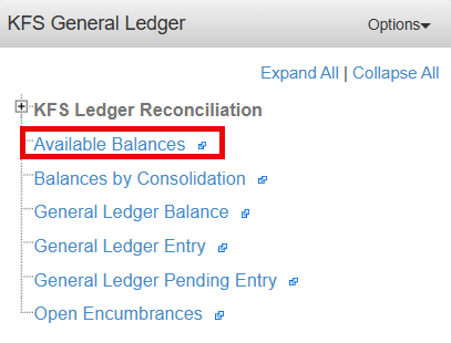 available balances lookup kfs GL