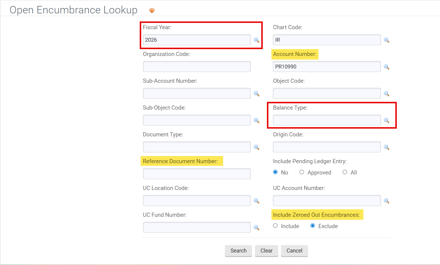 encumbrance lookup search criteria