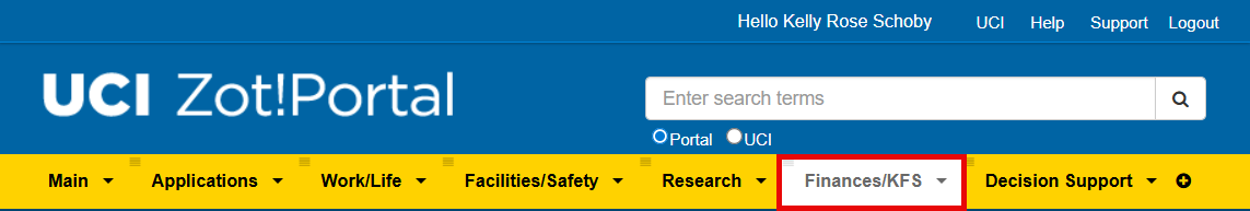 Finances KFS tab of zotportal