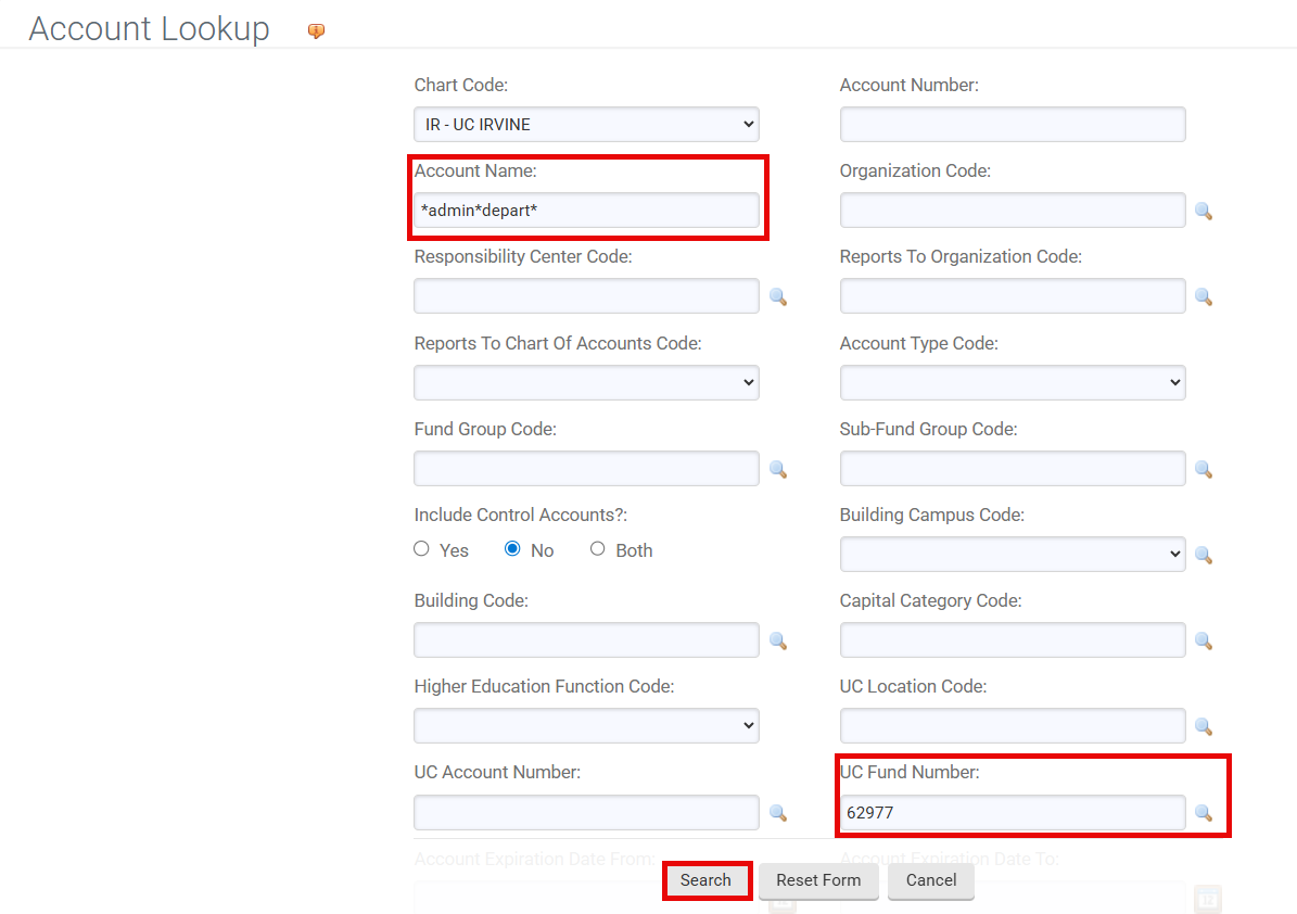 search, asterisk, kfs, account name, lookup